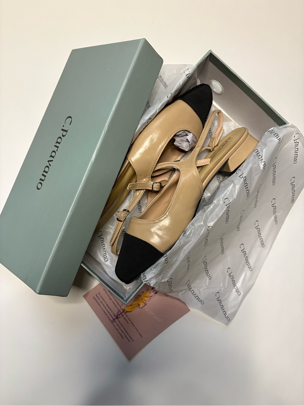 C. Petrovano Beige and Black Cap-Toe Slingback Flats